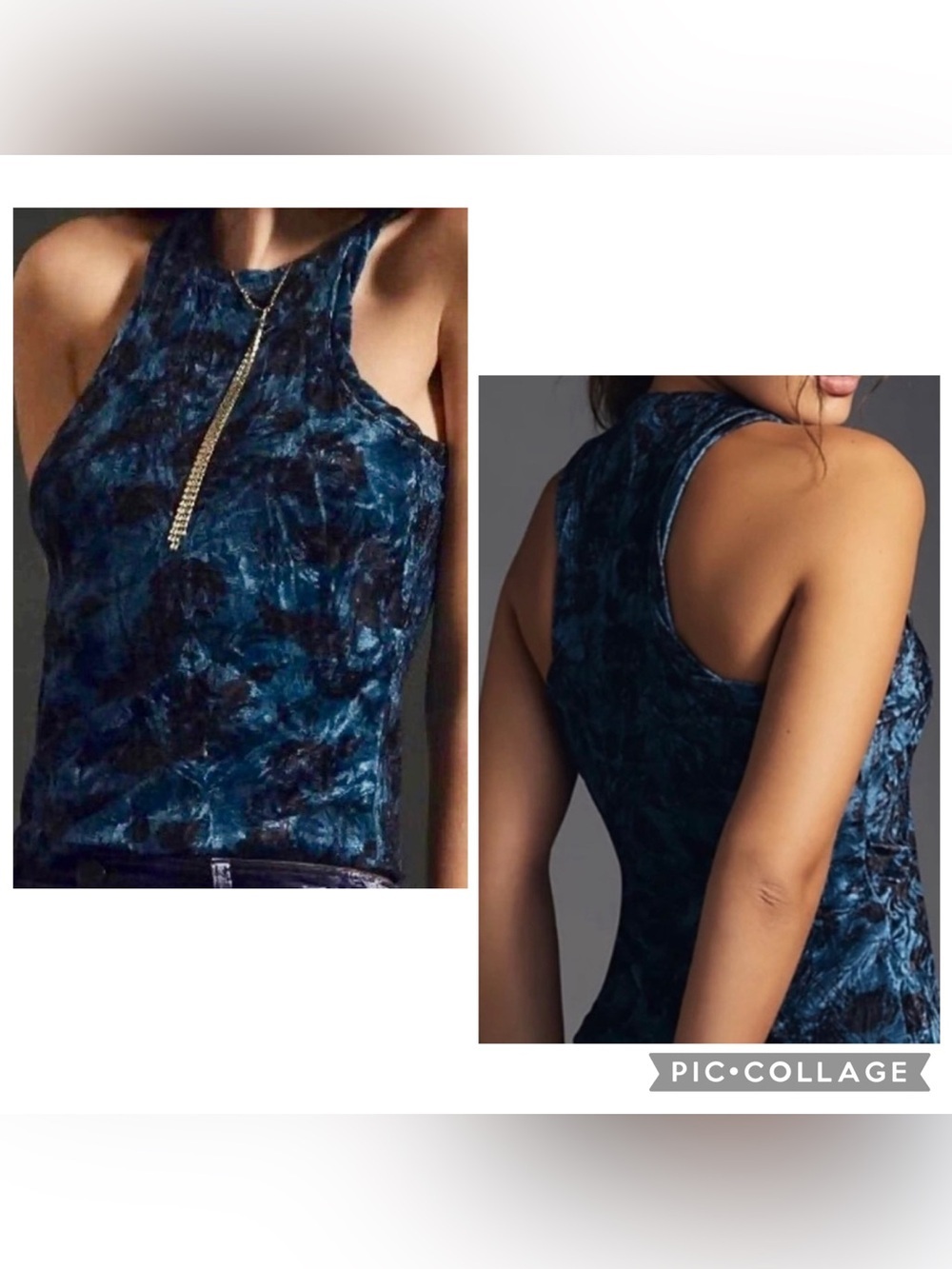 PILCRO ANTHROPOLOGIE Women’s Blue Floral Crushed Velvet Racerback Tank Top Sz XS